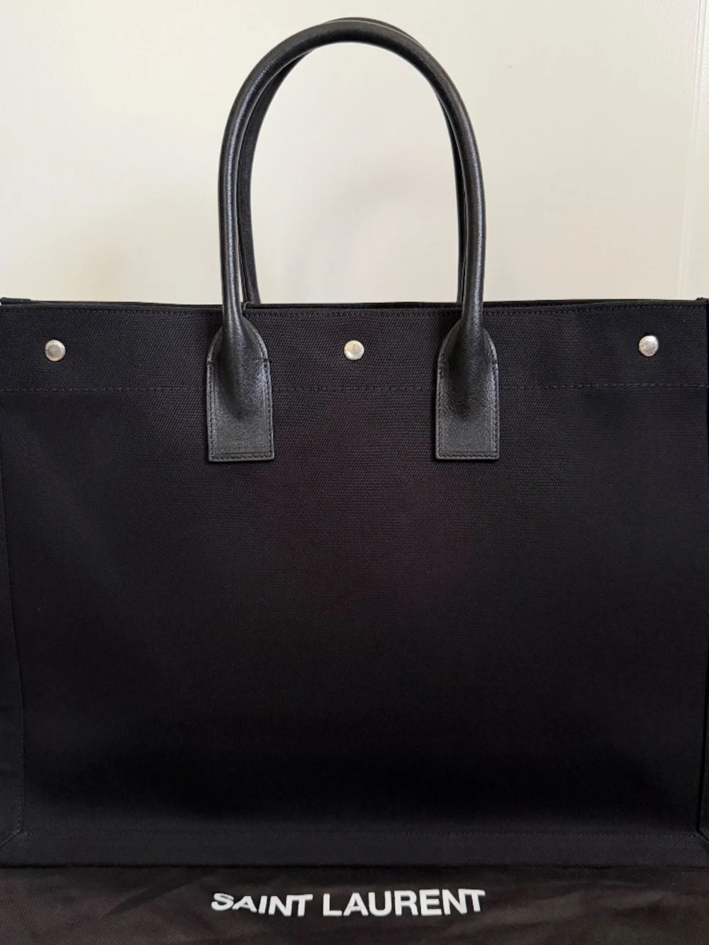 Saint Laurent YSL Rive Gauche Black White Canvas Logo Leather Tote Bag